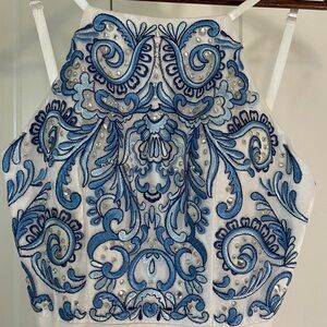 Embroidered Blue and White Halter Dress